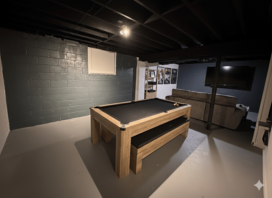 Versatile game room featuring a pool table that converts to ping-pong or a dining/card table.