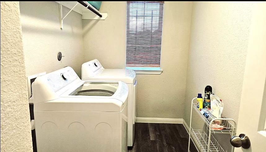 W&D in the house. Ironing board and iron available for convenience as well.