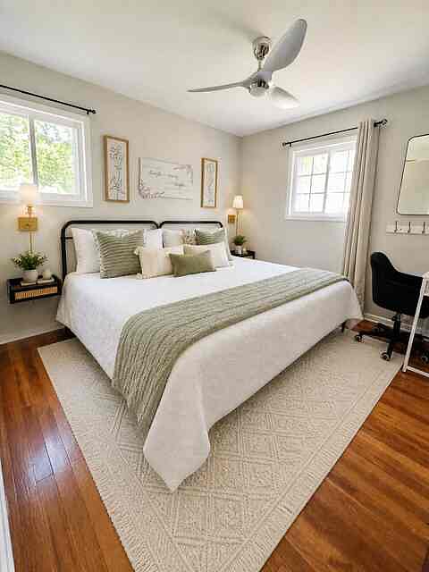 King Size master bed. 55 inch TV, double closet.