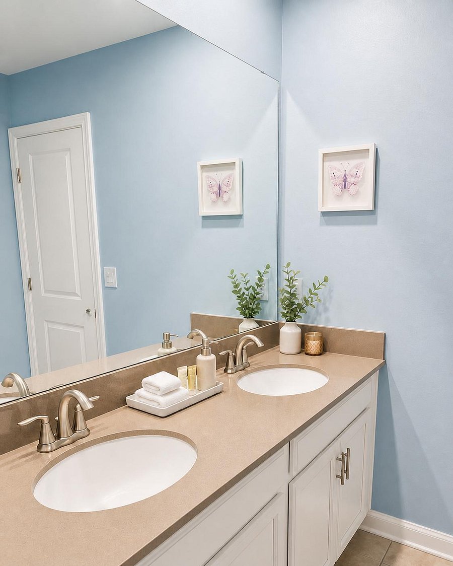 Spacious double-sink vanity with ample counter space, oversized mirror, and generous cabinet storage for daily essentials.