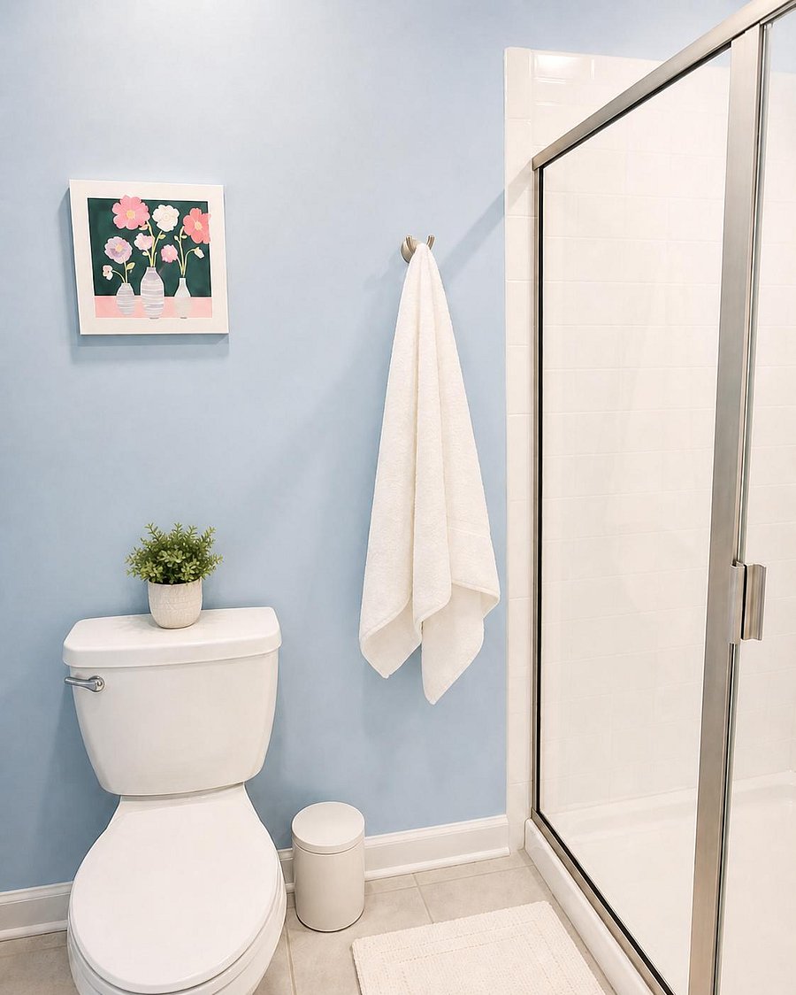 Clean bathroom with a glass-enclosed shower, tiled surround, and convenient towel storage for daily routines.