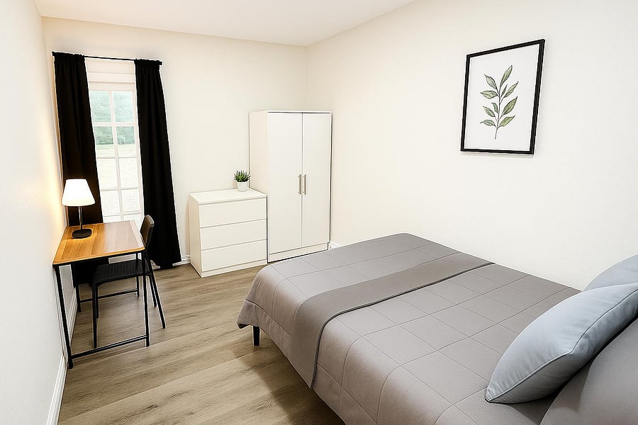 Cozy, well-lit room with private entry, work desk, and full furnishings. Easy access to amenities and on-site parking.