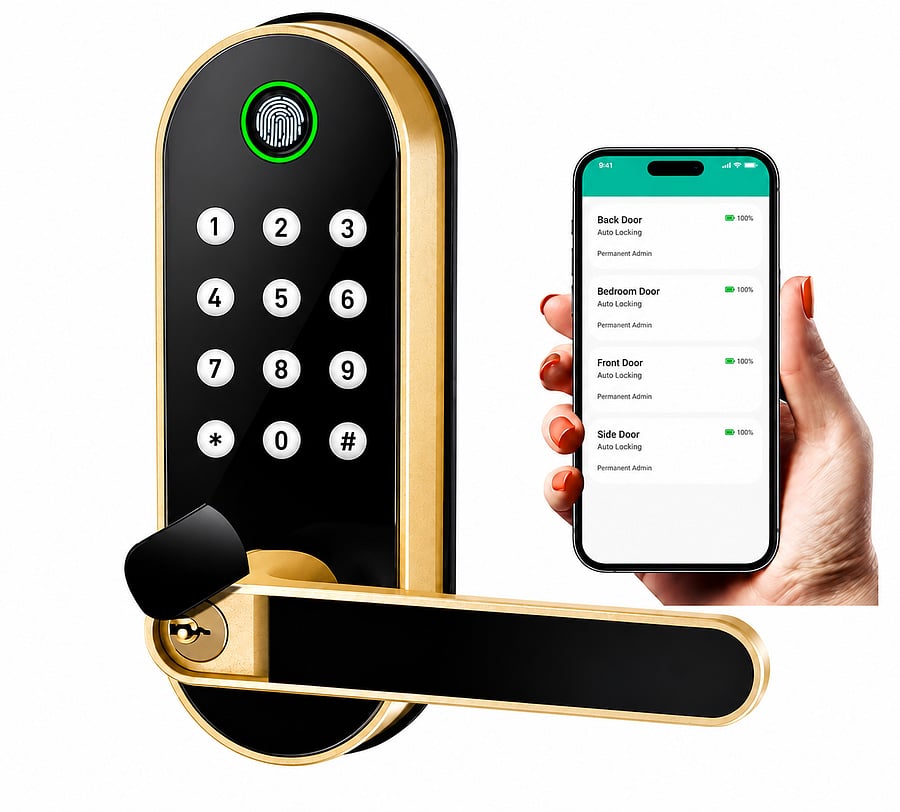Smart keypad door lock with fingerprint access and mobile app control for managing entry to multiple doors.