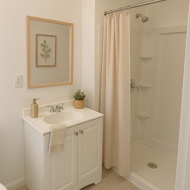 Fresh shared vanity space with a neat and welcoming feel
