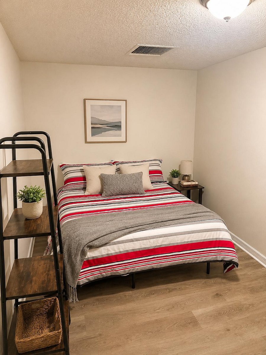 Bright furnished bedroom with comfy bed, sunny window, and easy storage for a comfortable stay