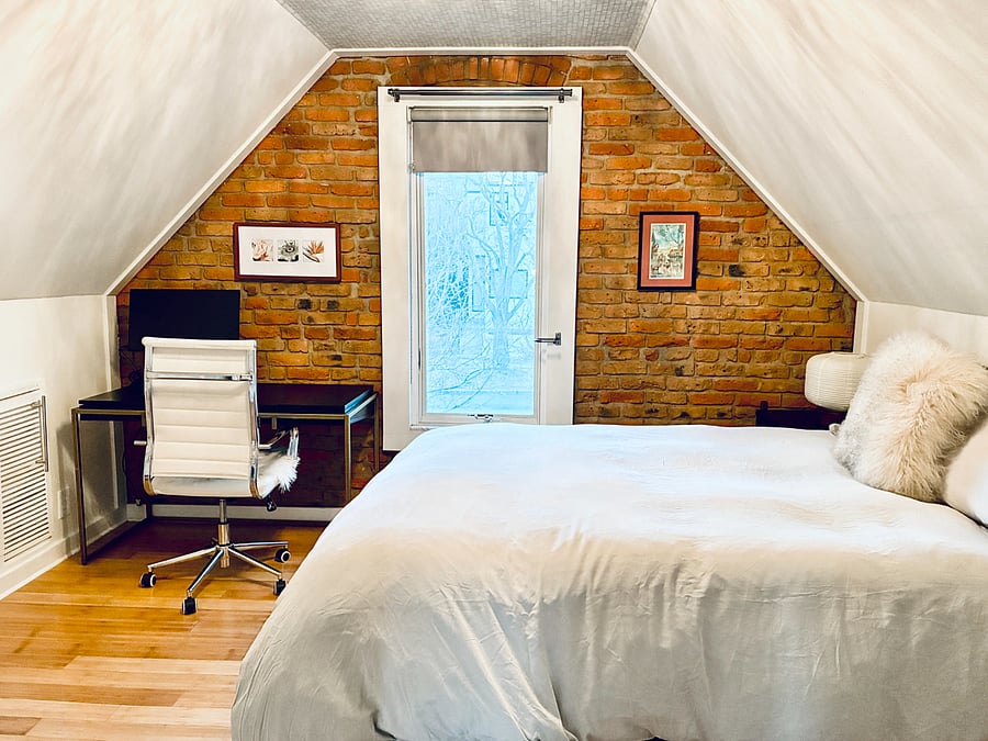 Queen bed and desk in upstairs bedroom #2