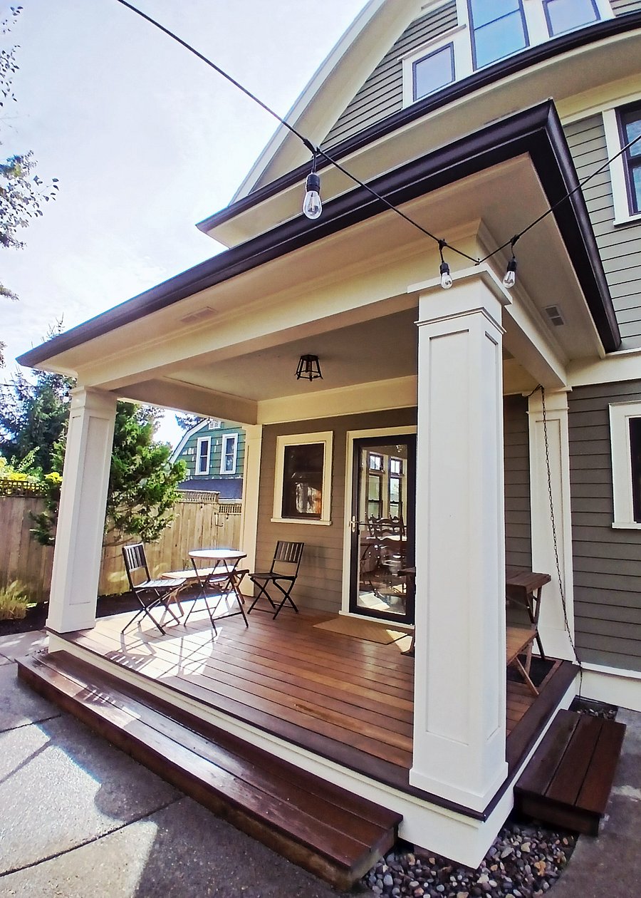 Covered deck in peaceful backyard