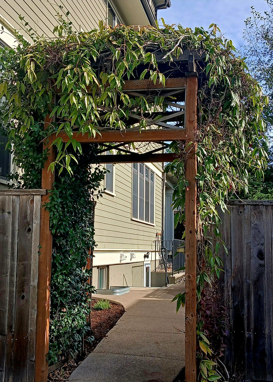 Side gate leading to private apartment entrance down stairs