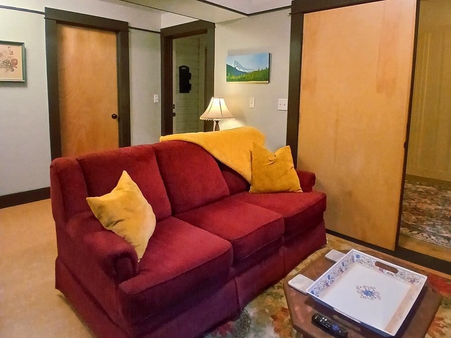 Comfortable apartment sitting area. Private bathroom door is pictured to the left, secure/locked entry to main house in the center and door to the apartment's private office/storage area is on the right.