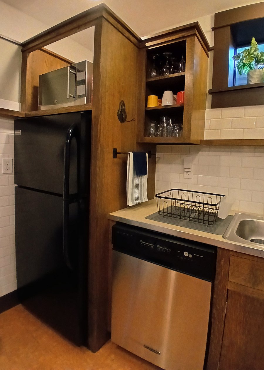 Apartment has a full-sized refridgerator, microware and dishwasher