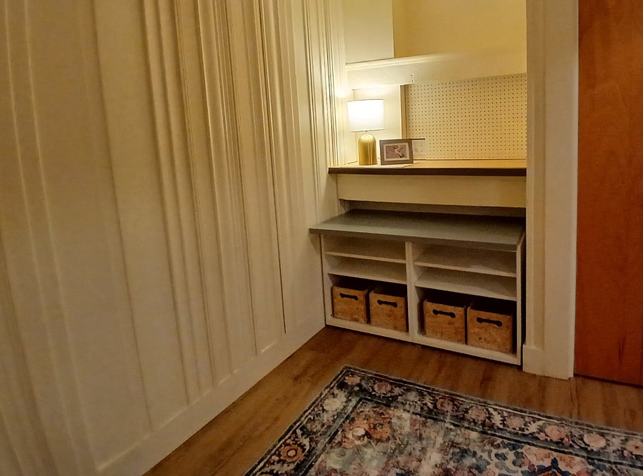 Built-in storage in 90 sq. ft. apartment office/storage area