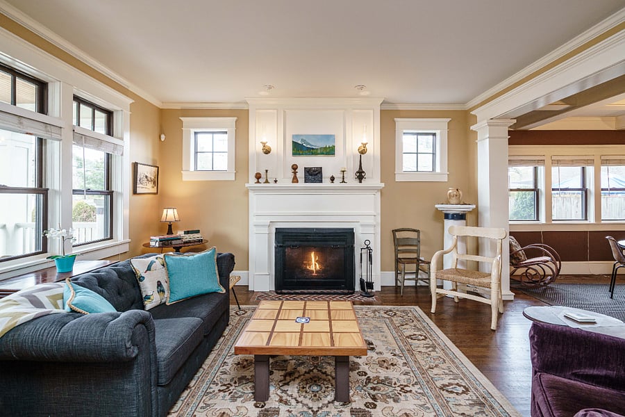 Shared first-floor living room with gas fireplace