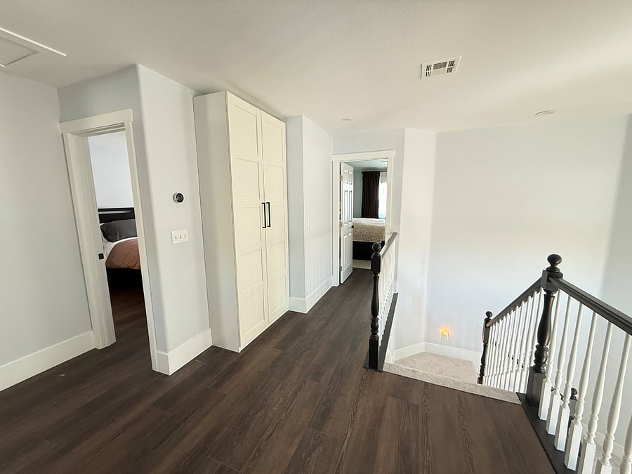 View of secondary en suite room for rent (left), linen closet (middle), master bedroom (right). Master bedroom occupied by owner resident.