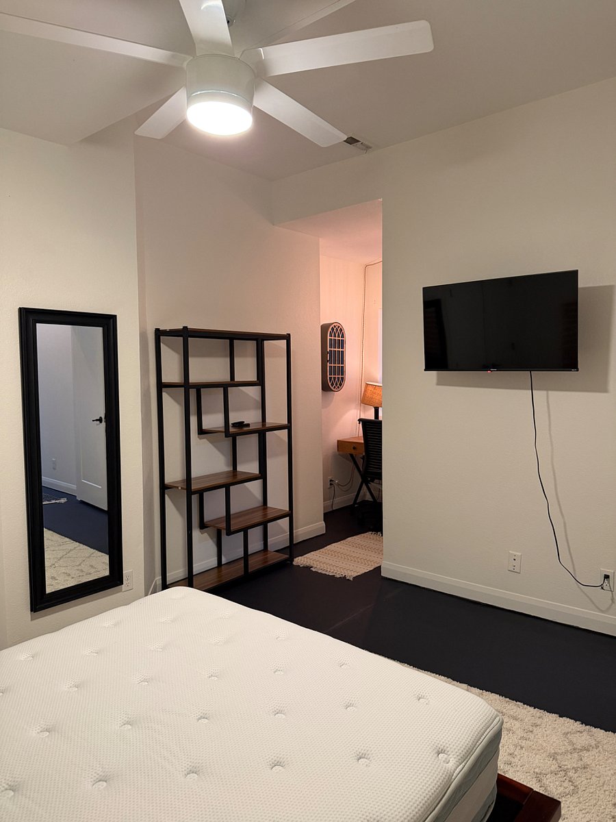 Full length mirror, TV and work nook.