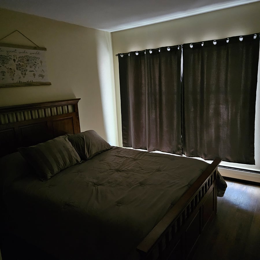 Room darkening curtains for a better rest on the new 10 position Costco  bed ghost bed.