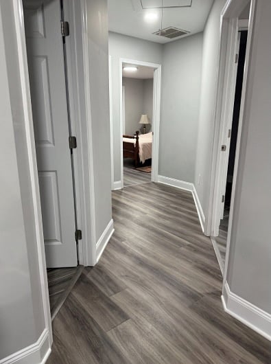 Hallway to bedrooms and bathroom as viewed from the Family Room.