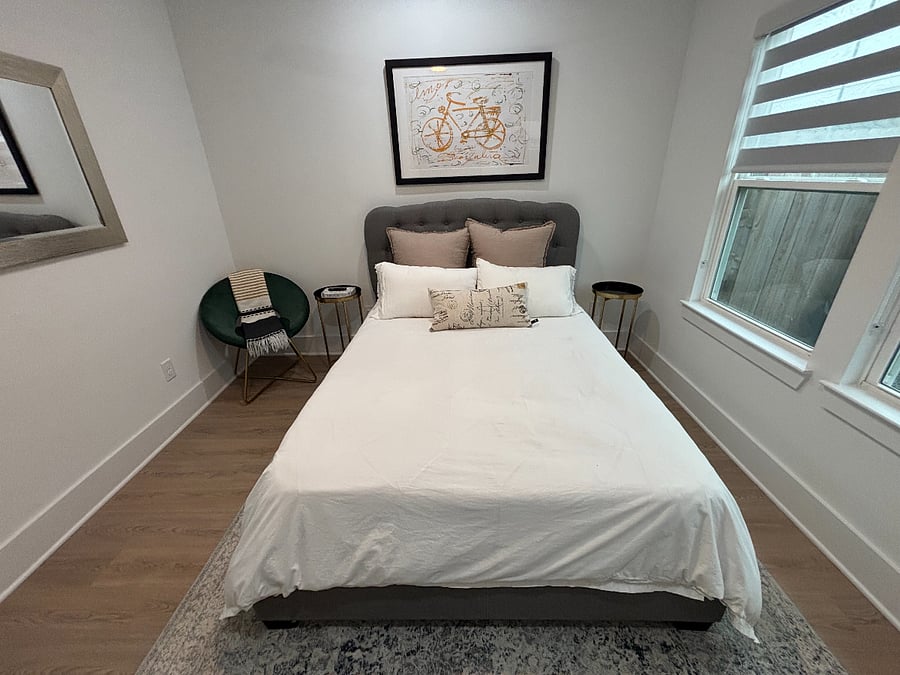 Casper mattress, clean linens.
Adding side table lamps.