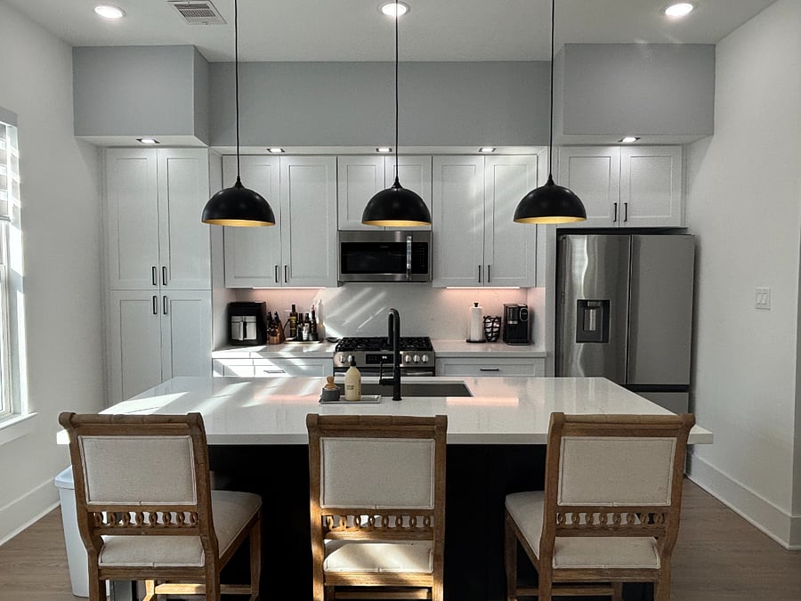 Bar seating & kitchen