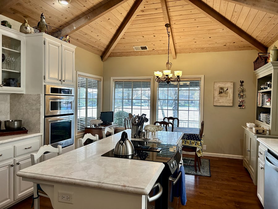 Large kitchen with view of lake. Electric appliances, dishwasher, wall ovens and all small appliances and serving ware available