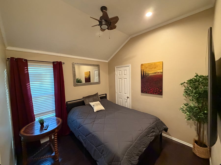 Bedroom #3: Queen Size Bed with memory foam mattress, Blackout Curtains and 65" LG 4K TV.