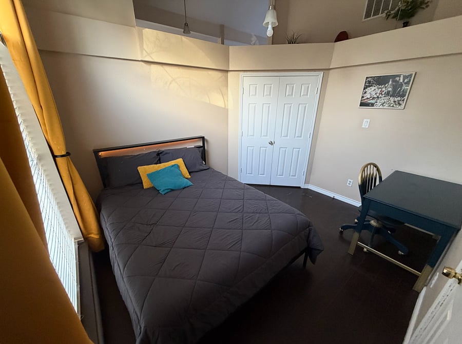 Bedroom #2: Queen Size Led Bed with memory foam mattress, Blackout curtains, Custom-Made Table and Chair
