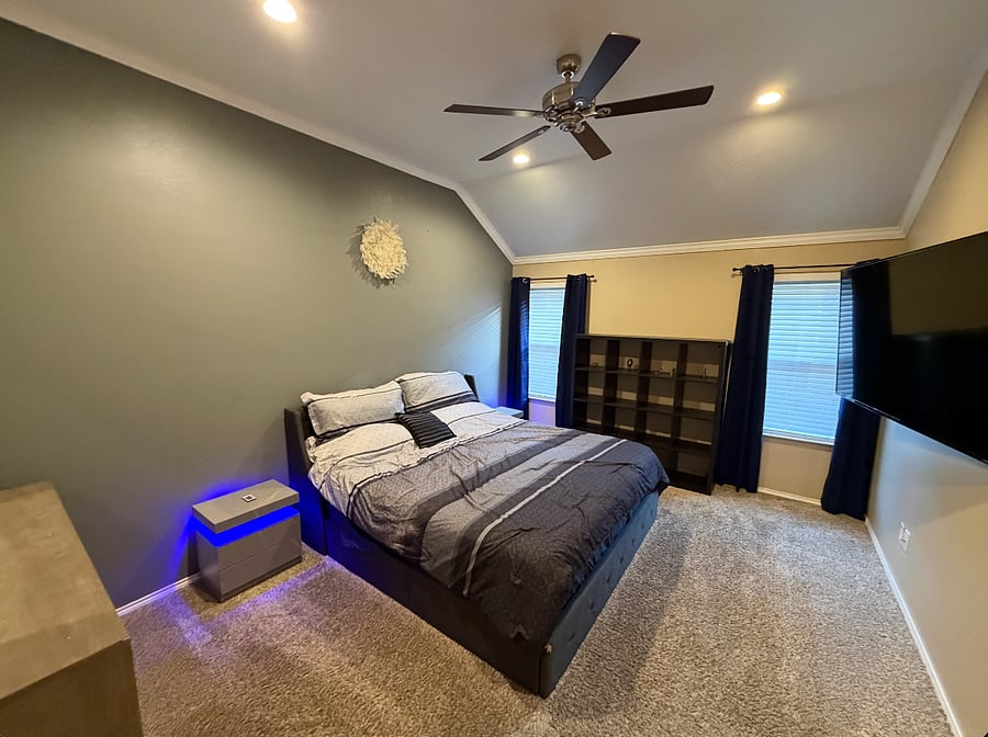 Master's Bedroom: King size bed with Memory Foam Mattress and Egyptian Cotton Linen, comes with dimmable recess lightings, led end tables, Blackout Curtains, Samsung 70" 4K TV, Dresser with mirror.