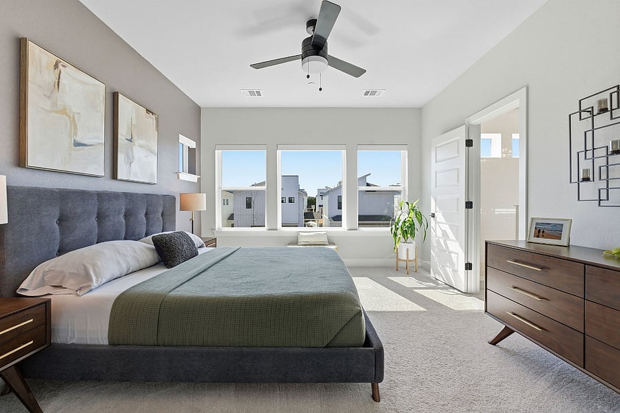 Primary Bedroom - King Bed - Ceiling Fan - Abundant Natural Light