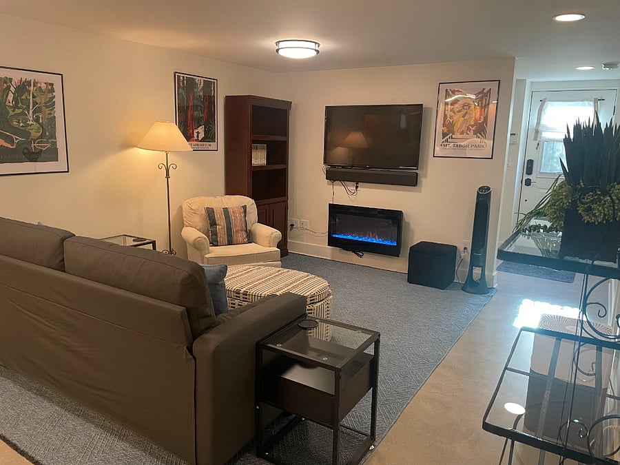 Living room with TV and electric fireplace.