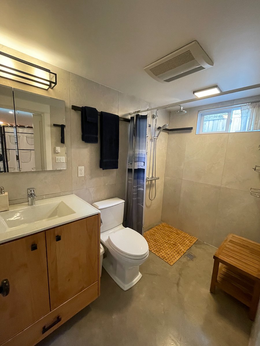 Bathroom with walk-in shower, rain head and handheld.