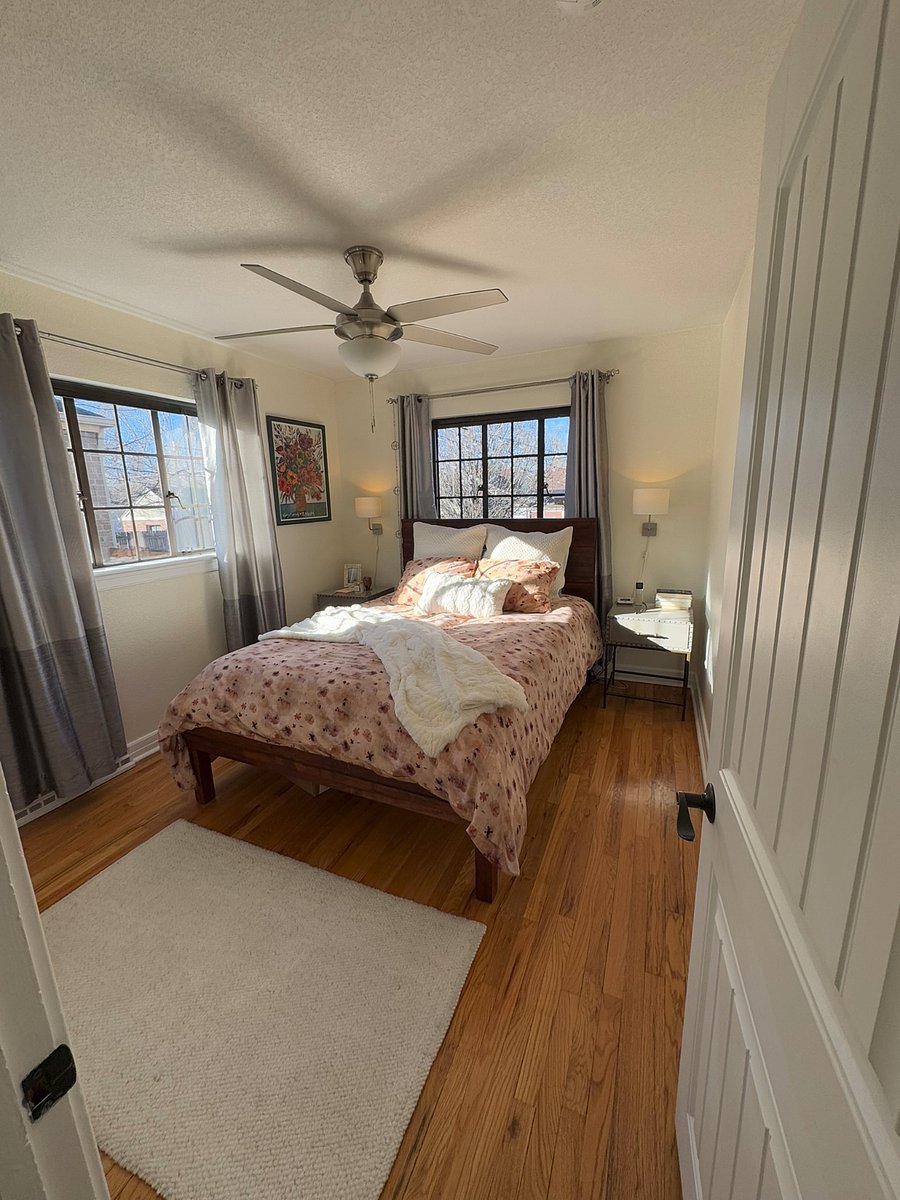 Quiet comfortable bedroom with updated furnishings.