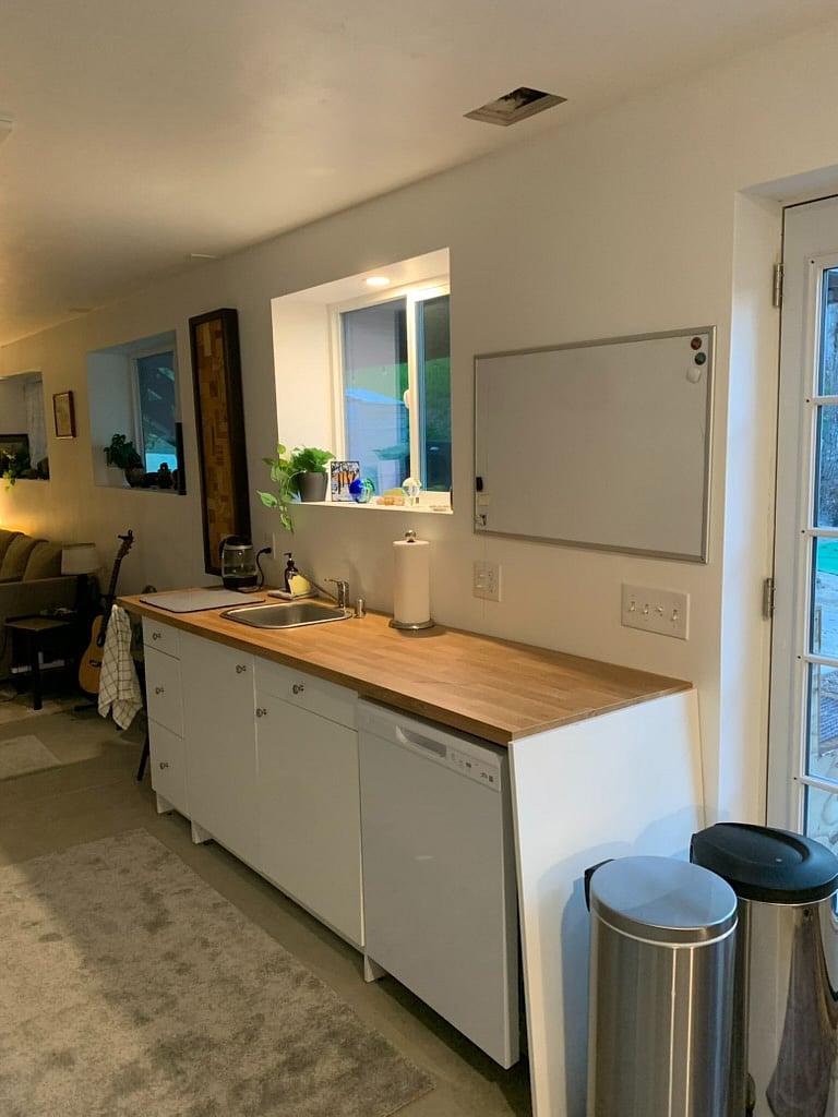 Sink area with contemporary hardware and built-in dishwasher.