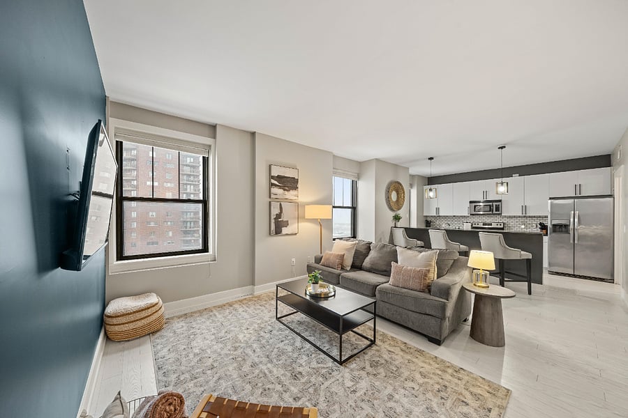 Open layout between the living room and kitchen.