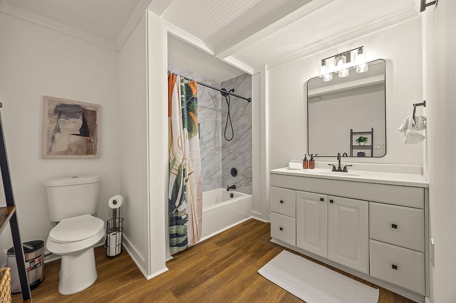 Hall bathroom with tub/shower combo.