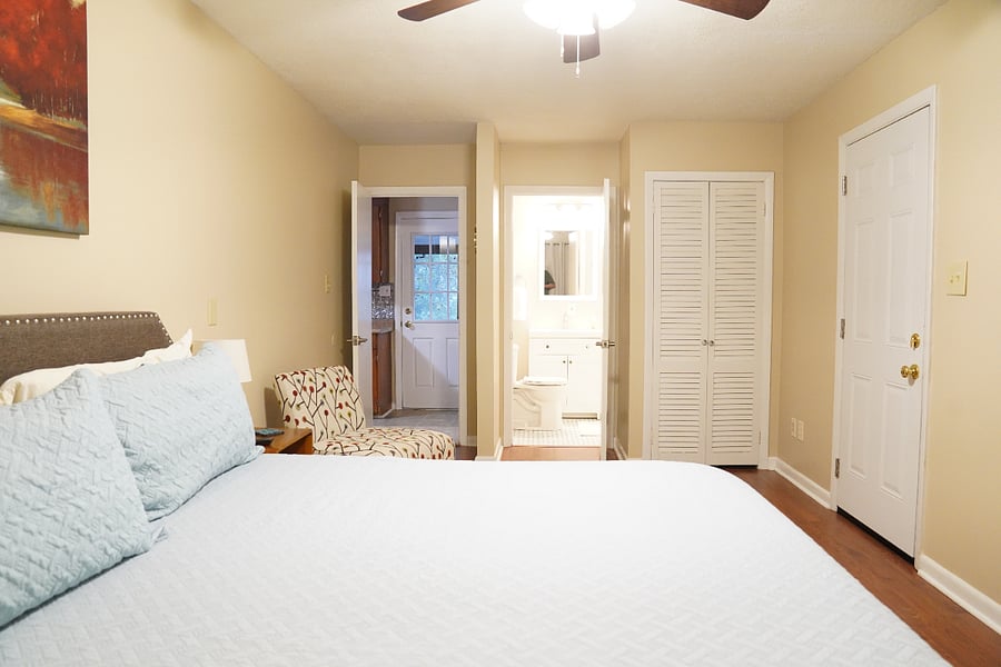 Master bedroom and bath with exterior door. 