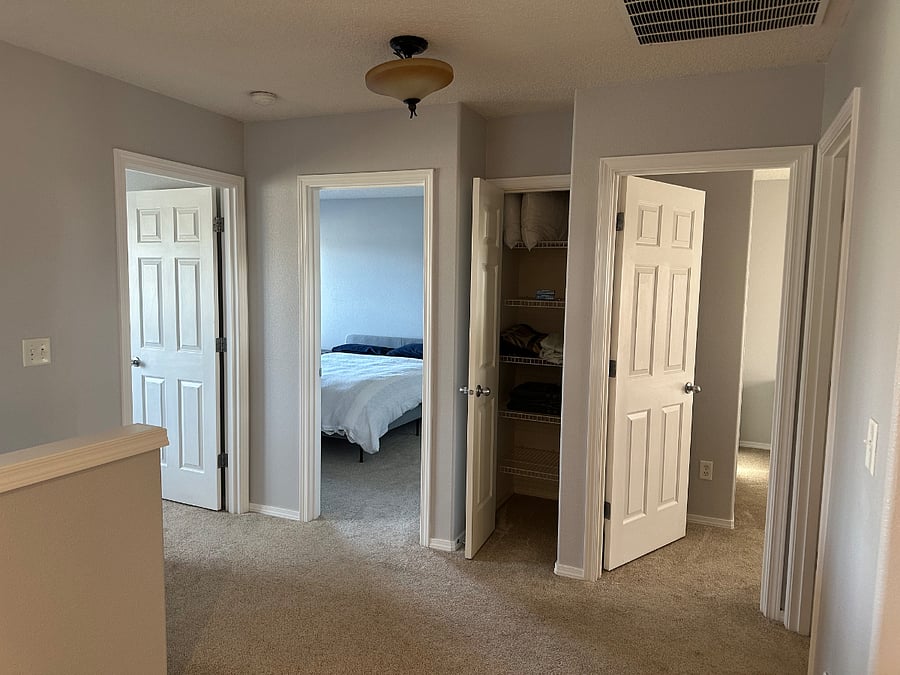 Doors from left to right:
Office, Room #1, Linen closet, Room #2, Bathroom (not pictured)