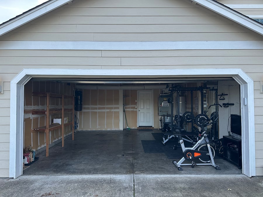 Garage parking, storage room, and exercise room