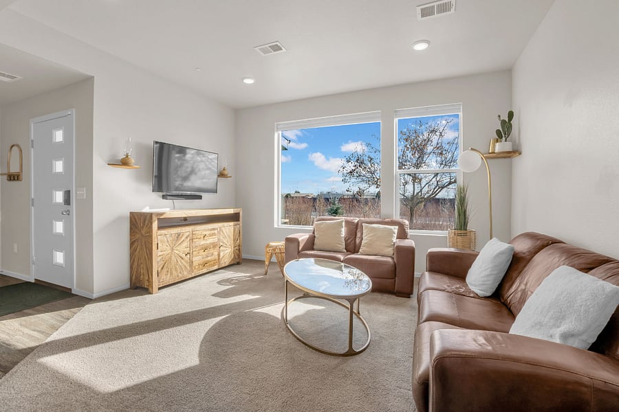 South-facing, sun drenched living room overlooking a greenbelt