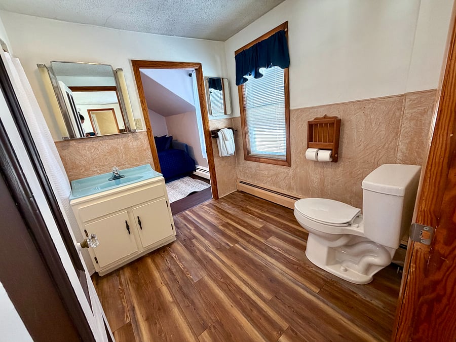Newly updated bathroom (new toilet, showerhead, and floors) with 2 mirror medicine cabinets for extra storage and getting ready space