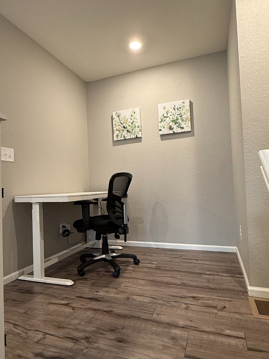 Office Nook with Electric Desk/ Chair. Printer in upstairs closet