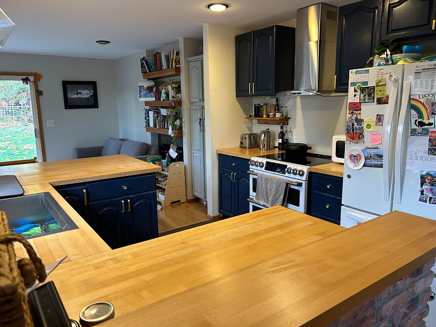 Kitchen- dishwasher, full size fridge, kid towers, counter stool.