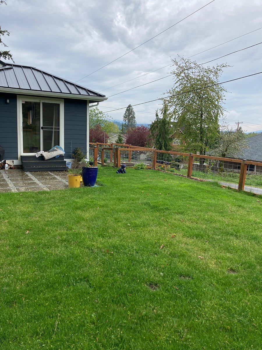 Fully fenced back yard with large patio, picnic table, and pergola