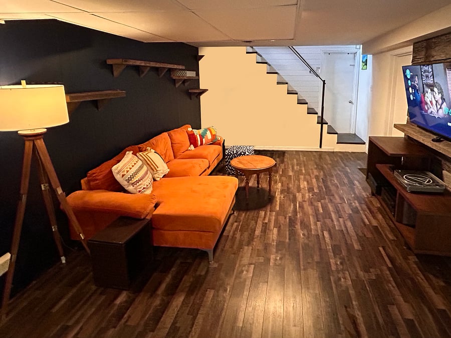Family room in walkout finished basement.