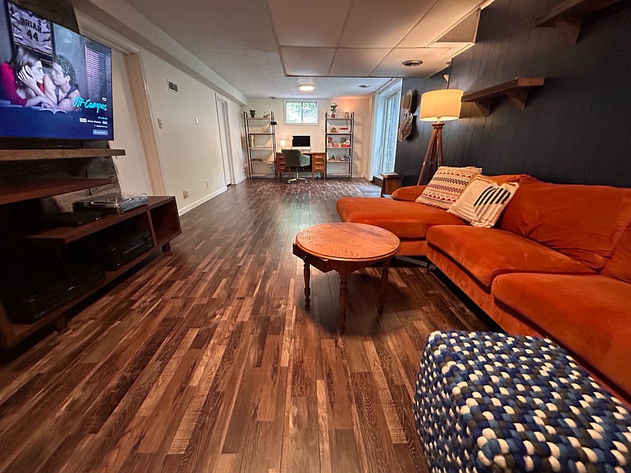 Family room and office space in walkout finished basement.
