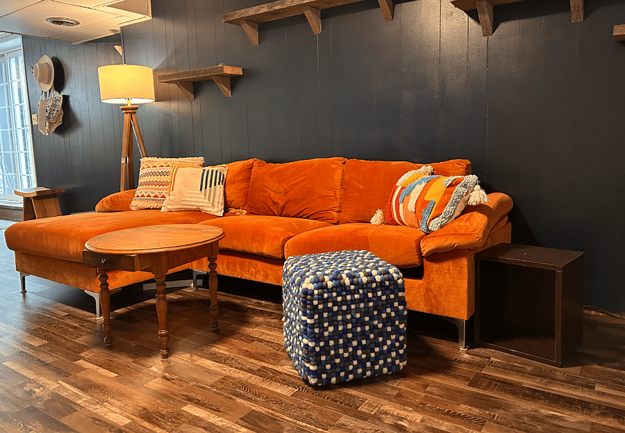 Comfortable sectional with washable covers in family room.