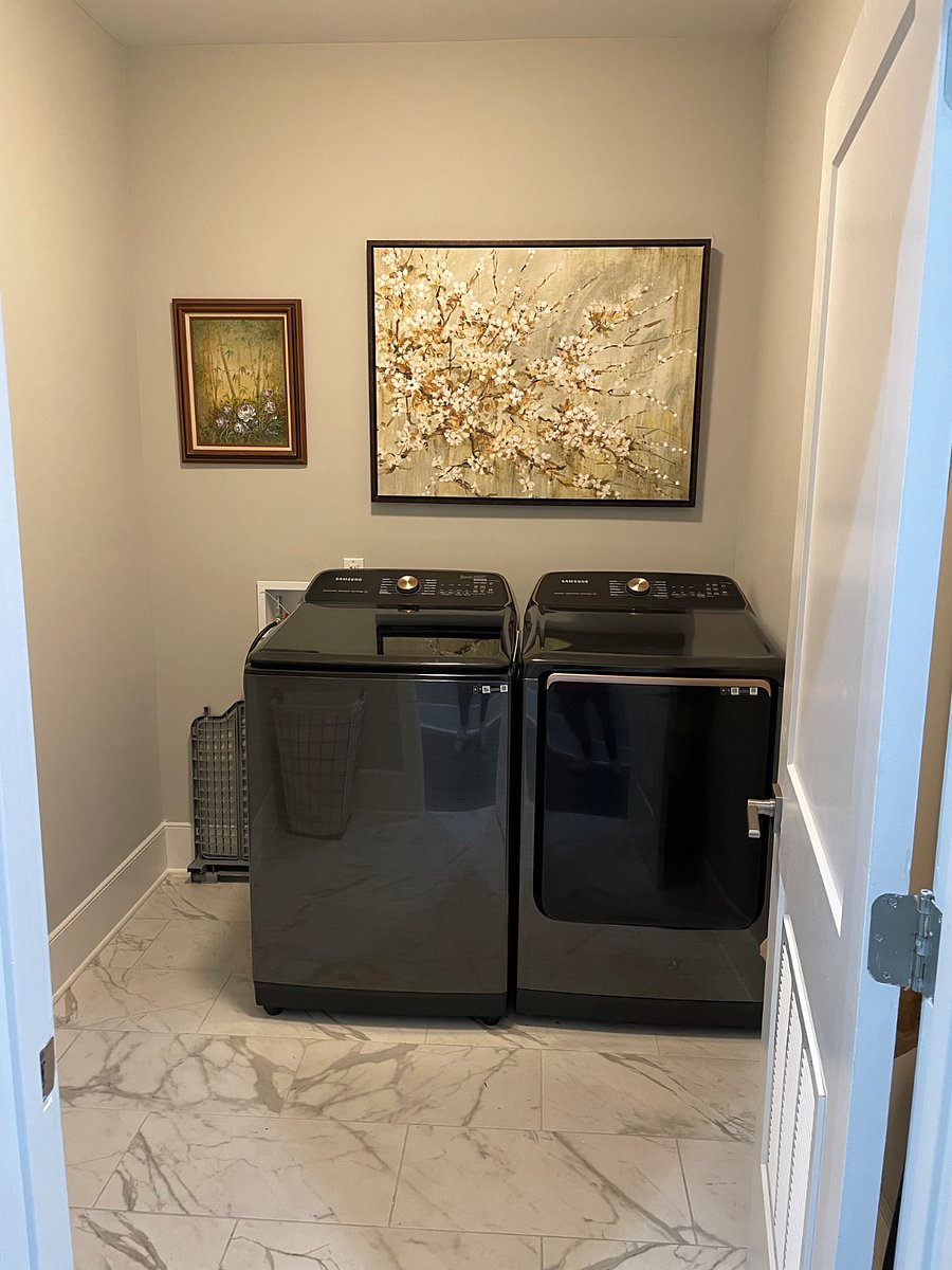 Large capacity washer and dryer, ironing board, iron.