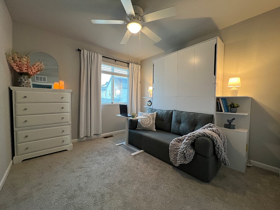 Murphy Bed folds into the wall and has dual use as a love seat to maximize your rooms space! You can also use the room as a cozy private bedroom/living room/lounge area/ office area or to have extra floor space to do yoga.
