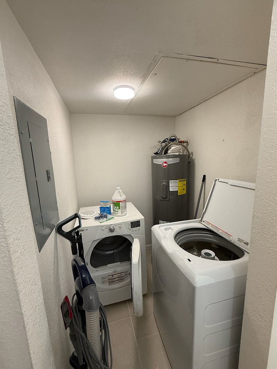 Full size washer and dryer, high volume hot water heater