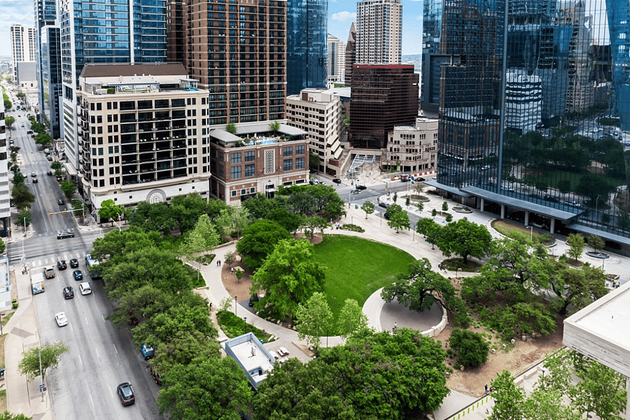 The Plaza overlooks Republic Square Park which has many events like the weekly farmer's market, yoga, and night market