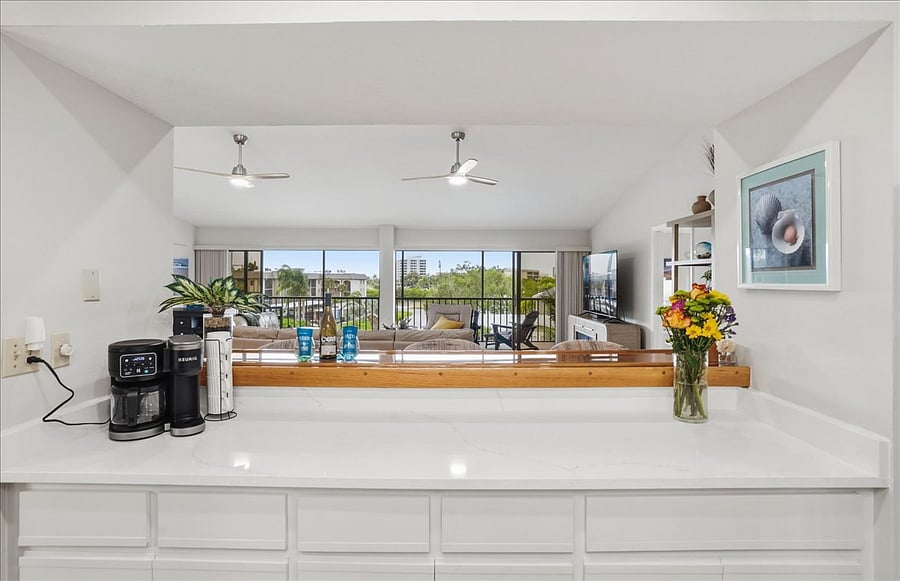 Bar counter in kitchen overlooks breakfast bar and living area
