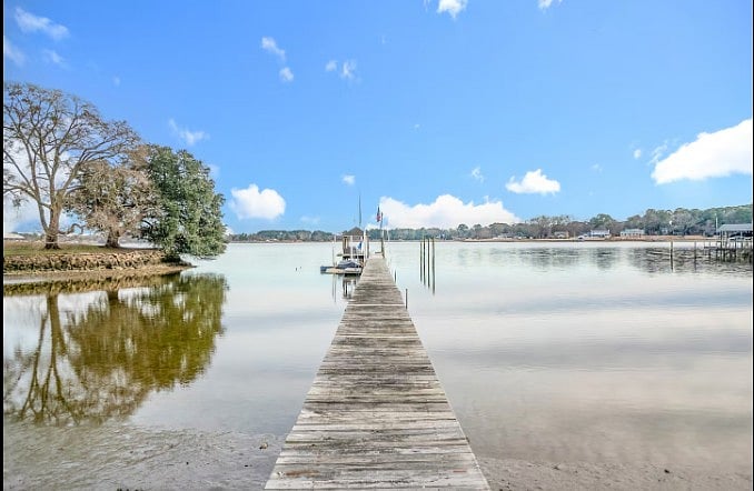 Long private dock extending into the lake, perfect for fishing, boating, or enjoying the view.